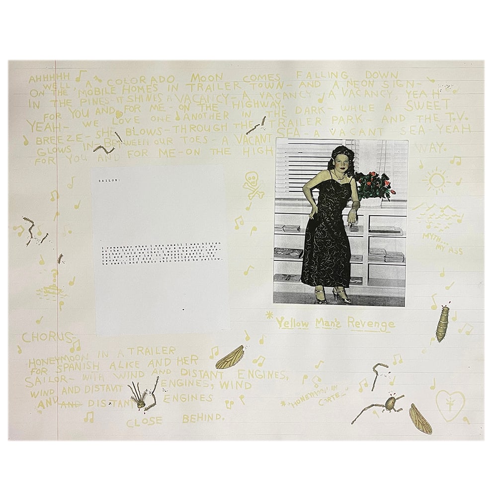 Terry Allen, Yellow Man's Revenge: Yellow Man’s Revenge is a lithograph with a chine collé image of Terry Allen–the artist–in drag as a youth. The central image floats in a world of text and doodles on a sheet of enlarged and