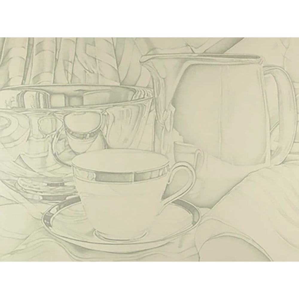 Jeanette Pasin Sloan, Cup With Blue Rim State I: Born in Chicago in 1946, Sloan became a mother in the 1970s. Feeling the claustrophobia of young motherhood, stuck in her small apartment, she began to paint all of the objects in her kitchen from cer