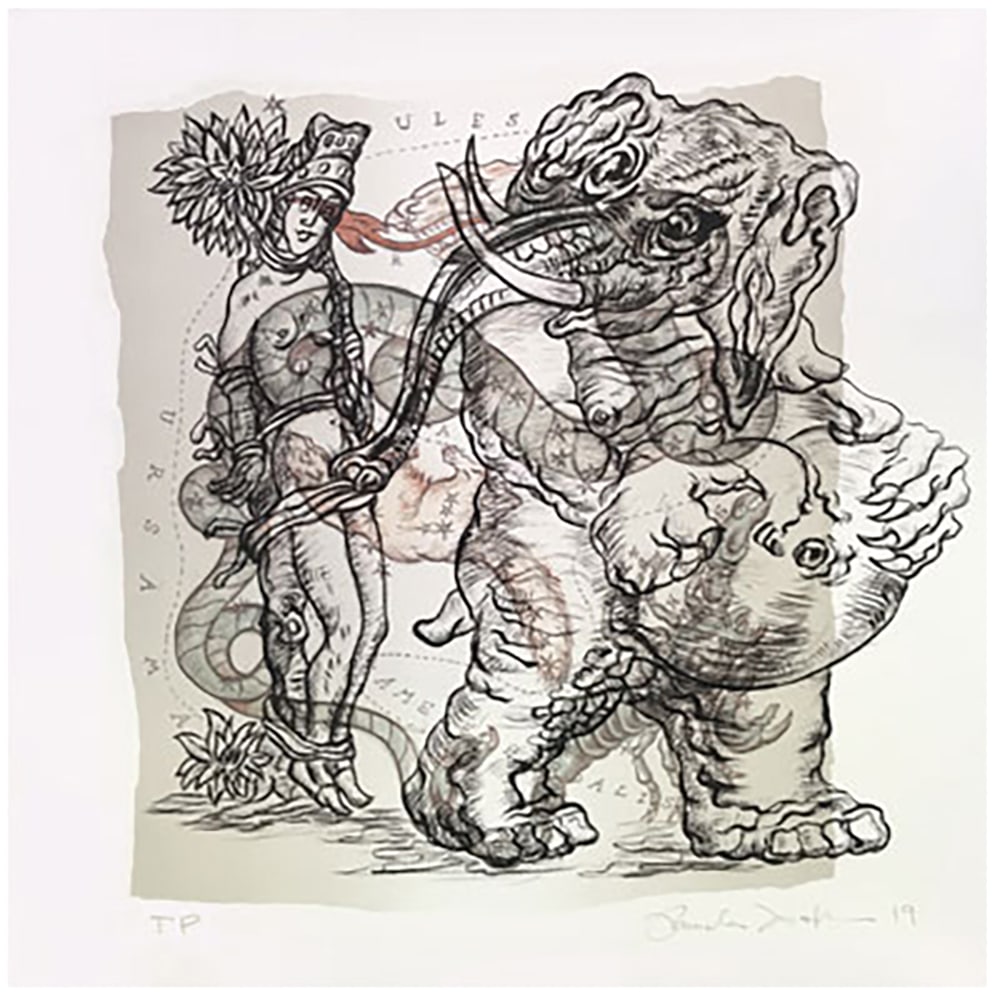 Pamela Joseph, Evil Behemoth: Pamela Joseph, an artist from the United States, drew Evil Behemoth in 2019. It is a 6-color lithograph and measures 19.5 x 19.5 inches. This unframed work is a trial proof. The piece presents a