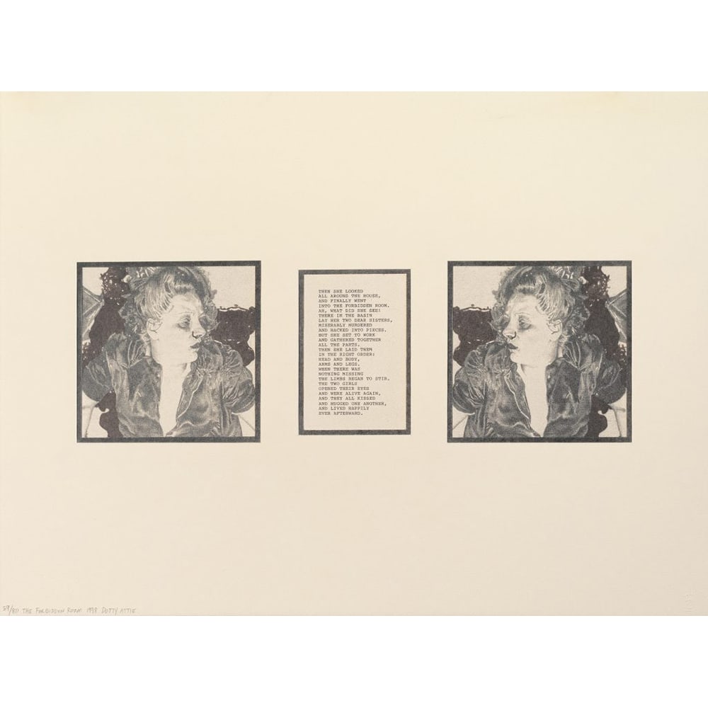 Dotty Attie, The Forbidden Room: Dotty Attie, an artist from the United States, produced "The Forbidden Room" in 1998. This lithograph measures 18 x 24 inches. The unframed work is edition 20/80. Its composition juxtaposes imagery