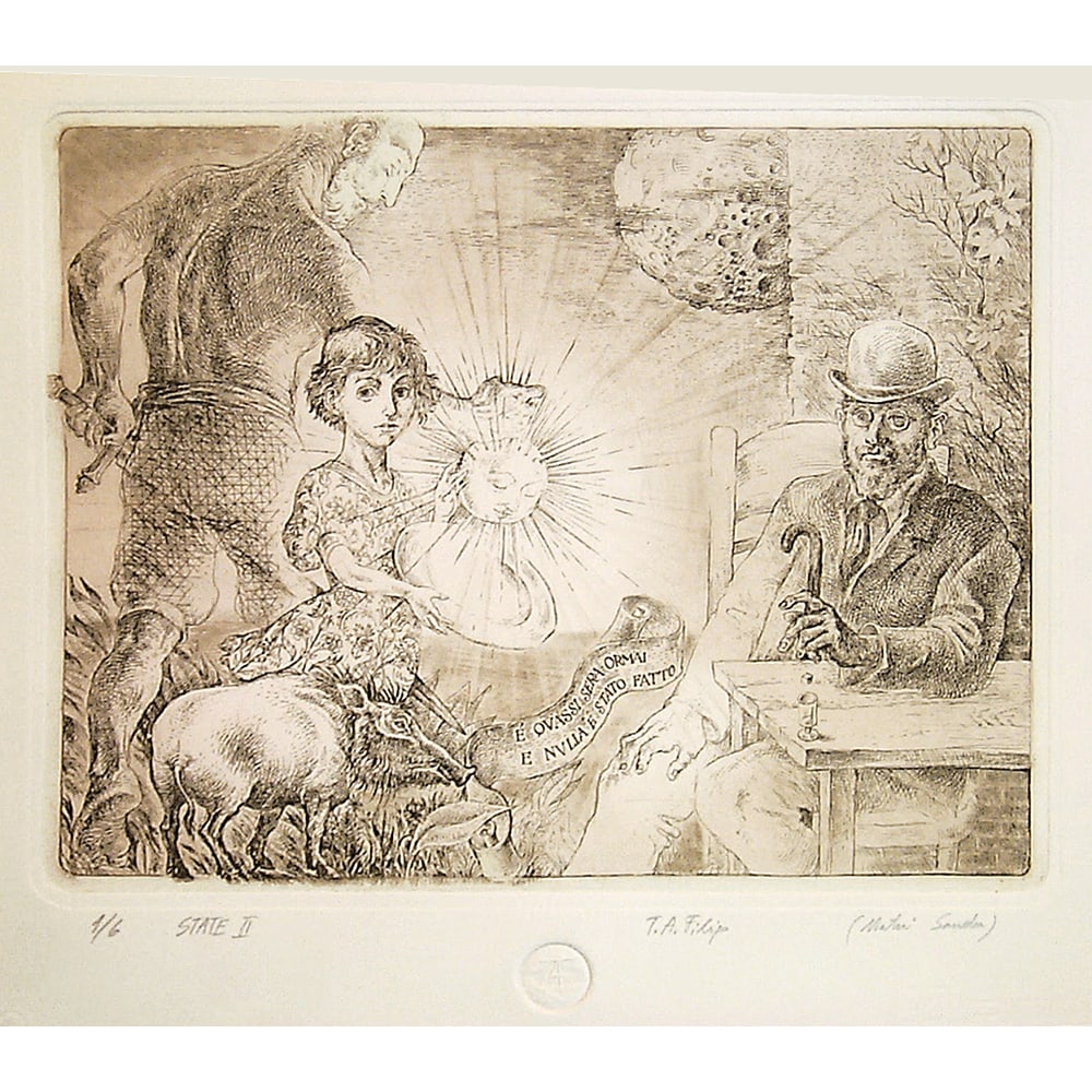 Traian Filip, E quasi sera ormai: Romanian artist Traian Filip, known for his expressive figurative prints, created "E quasi sera ormai" circa 1985. This intaglio on paper measures 13.81 x 15.44 inches unframed and is edition 1/6