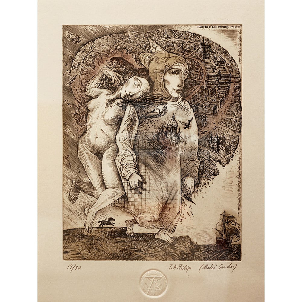 Traian Filip, To Leave is to Die a Little: Romanian artist Traian Filip, celebrated for expressive and figurative printmaking, created To Leave is to Die a Little in 1991. This intaglio on paper features dynamic linework and layered imagery