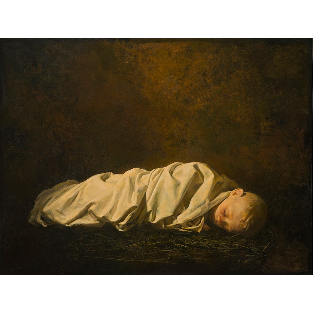 Igor Melnikov, Boy Dreaming: Russian artist Igor Melnikov’s Boy Dreaming is an oil on panel measuring 37 x 47.5 inches, presented framed. This contemplative composition portrays a reclining figure in a softly lit, atmospheric s