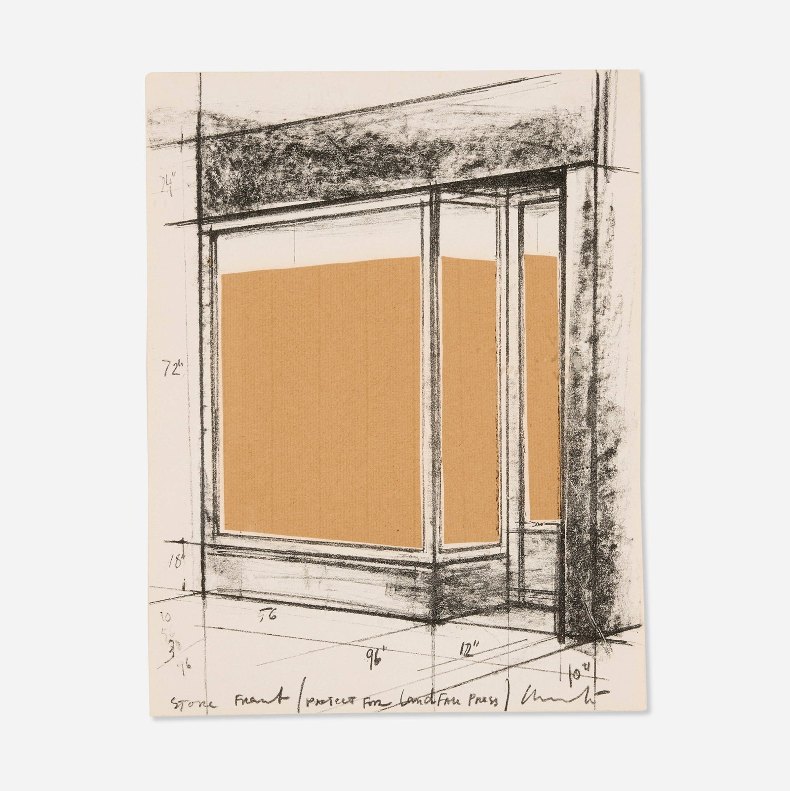 Christo and Jeanne-Claude, Project for Landfall Press: Printed signature and title to lower edge ‘Store Front / Project for Landfall Press / Christo’. This work is from the edition of 300 published by Landfall Press, Inc., in 1978. It is hand signed b