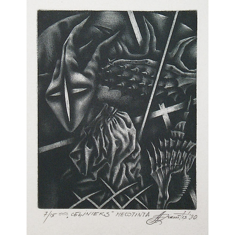 Andris Zirnitis, The Traveler: Andris Zirnitis is an accomplished printmaker in Latvia. Creating mezzotints of the highest caliber, Zirnitis' imagery conveys the powerful style of his Soviet Social Realist training, in contrast to