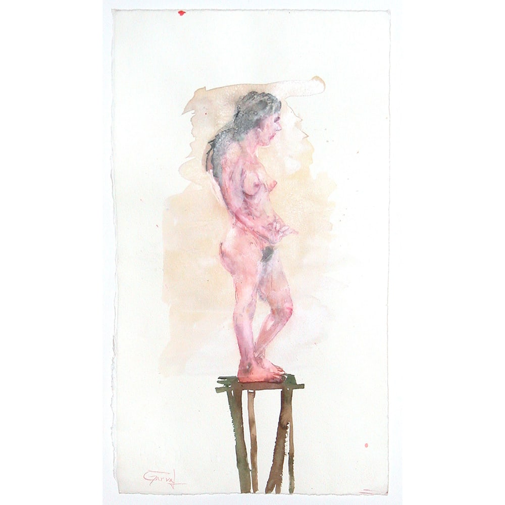 Sergio Garvál, Figura II: Spanish artist Sergio Garval created Figura II in 2004. This watercolor on paper presents a delicate, expressive standing figure rendered with fluid brushwork and soft coloration. Measuring 20 x 13.5