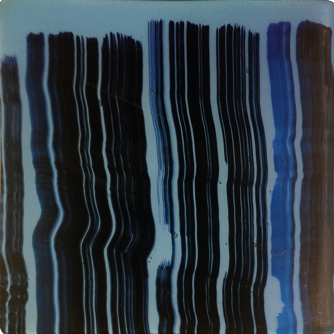 Kate Petley, Untitled: Kate Petley is a mixed-media artist who incorporates industrial materials into abstract compositions. This small-scale Untitled work (2014) layers film, ink, and resin on aluminum to create a