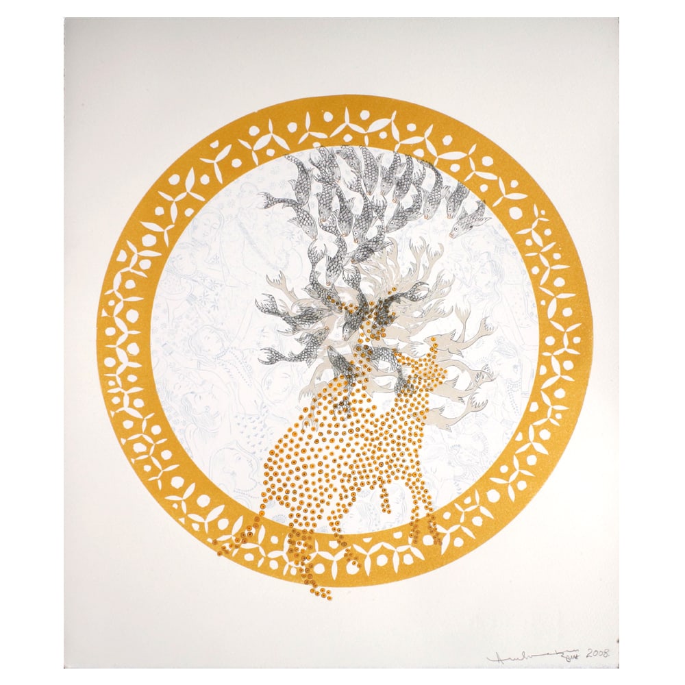 Ambreen Butt, Dirty Pretty 3: Dirty Pretty 3 by Ambreen Butt, a Pakistani-American artist, is a mixed-media print using chine collé etching, silkscreen, and lithograph. Measuring 31.5 x 25.63 inches, it is framed and from