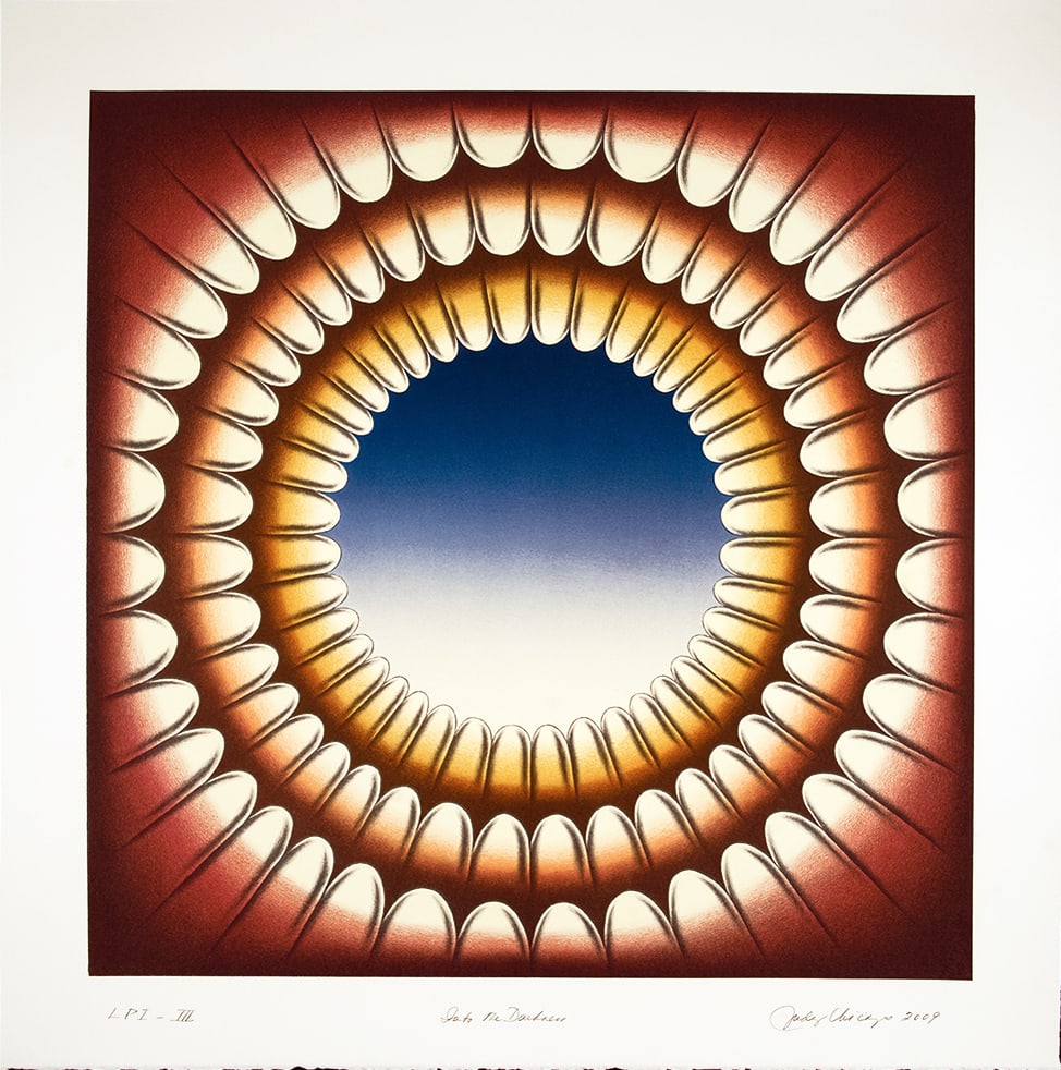 Judy Chicago, Into the Darkness: Judy Chicago’s “Into the Darkness” is the converse of her “Through the Flower” image. “Into the Darkness” features floral petals that are still closed, beckoning the viewer t