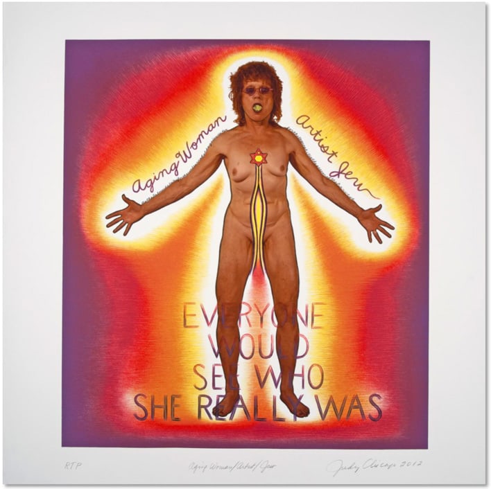 Judy Chicago, Aging Woman, Artist, Jew: American feminist artist Judy Chicago created Aging Woman, Artist, Jew in 2012 as a lithograph on paper. The work addresses identity, aging, spirituality, and feminism through Chicago’s bold visual