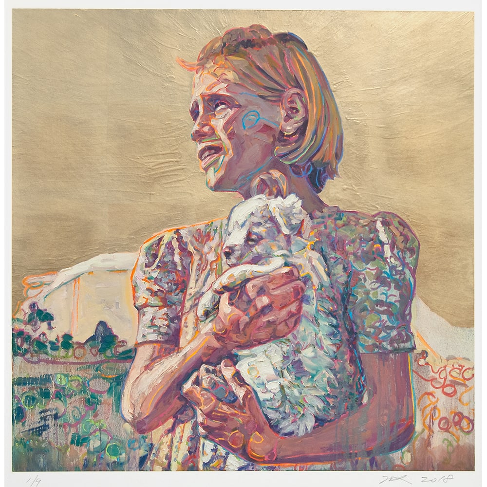 Hung Liu, Migrant Child: with Puppy - Gold: Hung Liu's "Migrant Child: with Puppy" depicts a young girl cradling a small, white puppy to her chest. Liu grew up in Cultural Revolution China, and became fascinated by the struggles of the