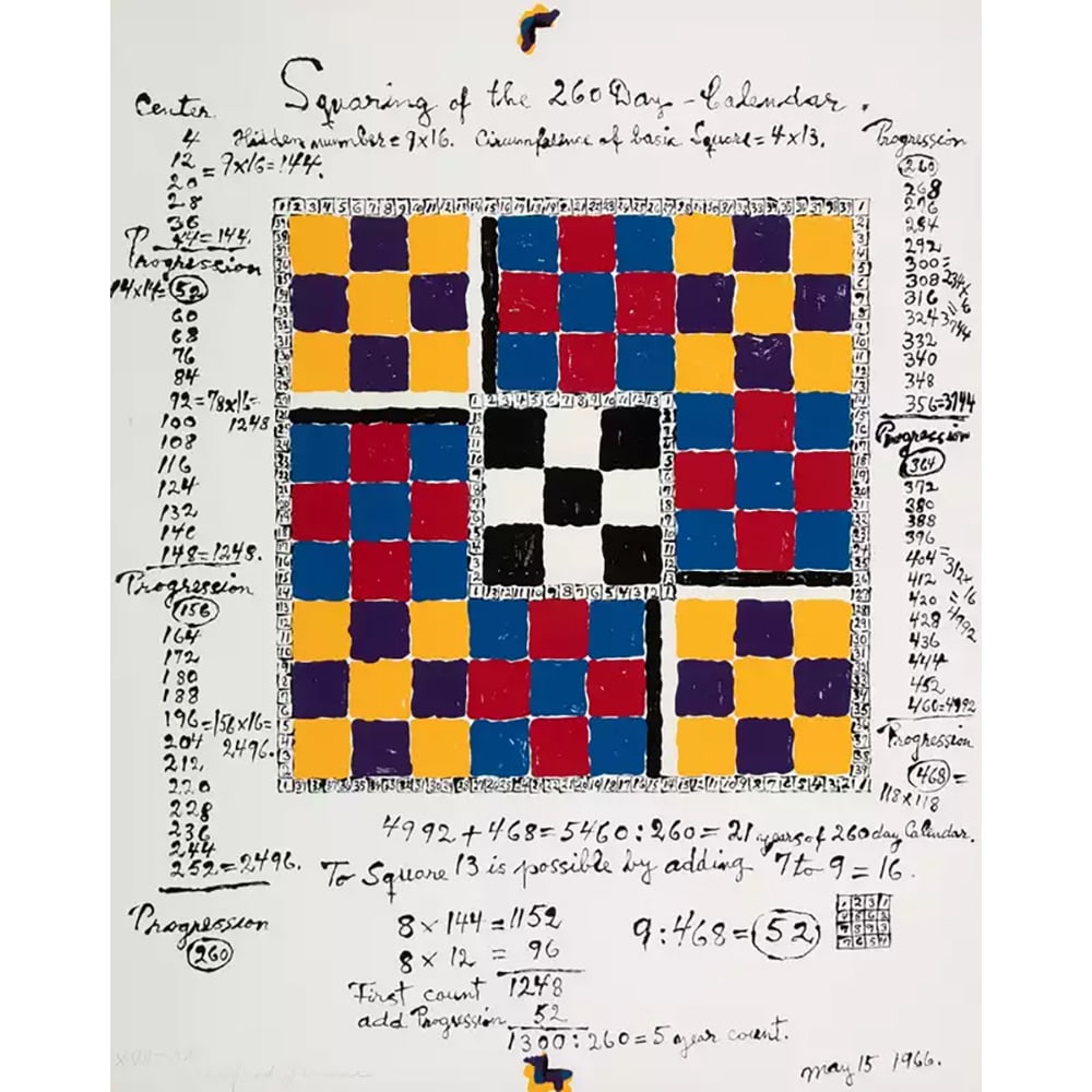 Alfred Jensen , Squaring of the 260 Day Calendar: Alfred Jensen's intricately organized diagrams reflect his distinctive conceptual approach, begun in the late 1950s when he started to refine his wide-ranging studies of systems and