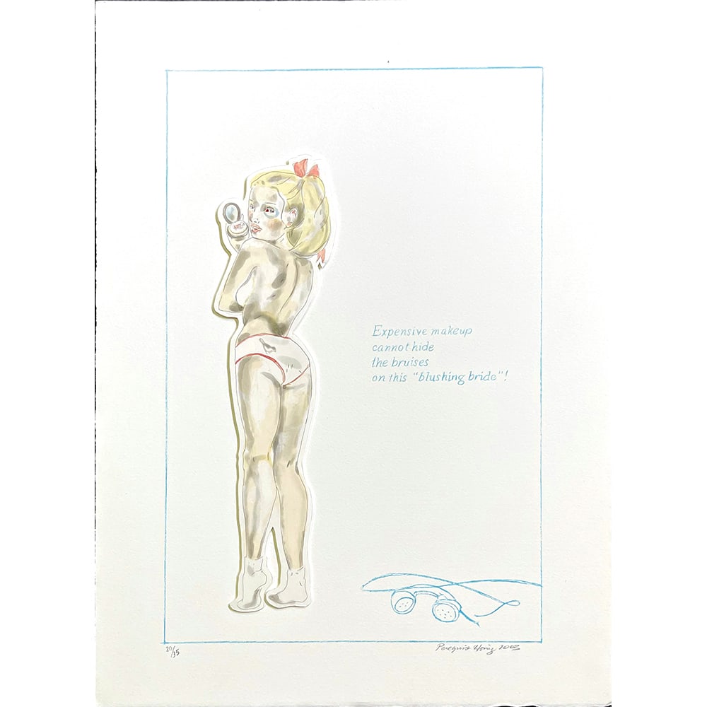 Peregrine Honig, Shiner: Shiner (2003) is a 4-color lithograph with etching and hand coloring by Peregrine Honig, measuring 22 × 16 inches on paper, from an edition of 35. Honig’s work often focuses on the female figure