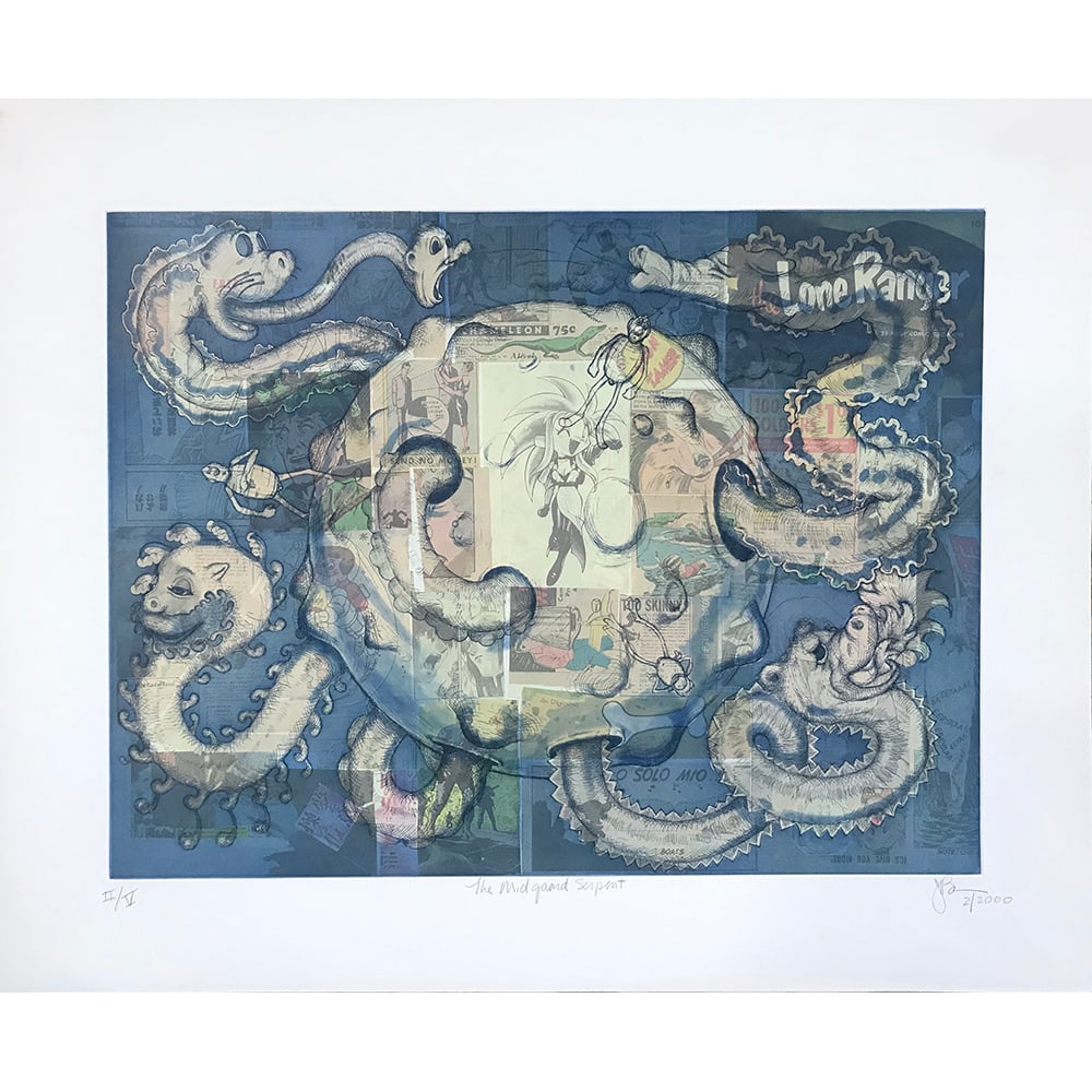 James Barsness, The Midgaard Serpent: James Barsness, an artist from the United States, produced The Midgaard Serpent in 2000. It is a 2-color etching and aquatint with chine collé. Measuring 24 x 29.5 inches, this unframed work is