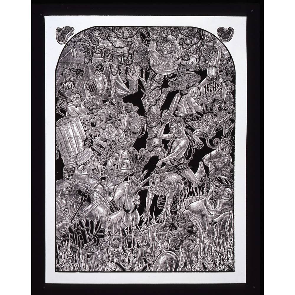 Tom Huck, Pork Chop Suey, Oinktoberfest: American printmaker Tom Huck created Pork Chop Suey, Oinktoberfest in 2008 as a woodcut on paper. The energetic composition combines satire, folklore, and exaggerated imagery in Huck’s distinctive