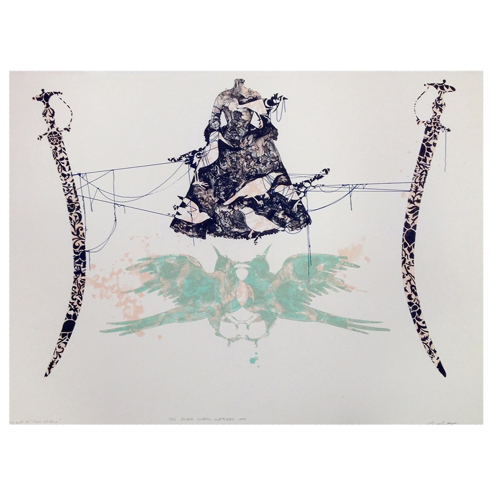 Nusra Qureshi, The Black Widow Watches On: Pakistani-born Australian artist Nusra Qureshi created The Black Widow Watches On in 2016 as a lithograph on paper. The work merges miniature painting traditions with contemporary themes of migration