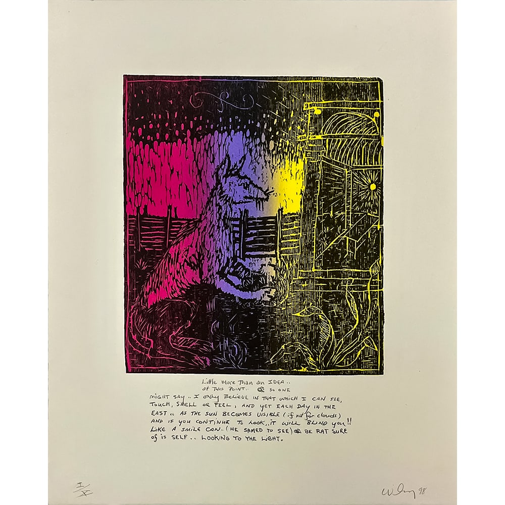 William T. Wiley, Little More Than Ideas: William Wiley's Little More than Ideas lithograph was printed by Landfall Press. Wiley, 1937-2021, was an iconic artist, and one of the founding fathers of West Coast Funk Art alongside Robert