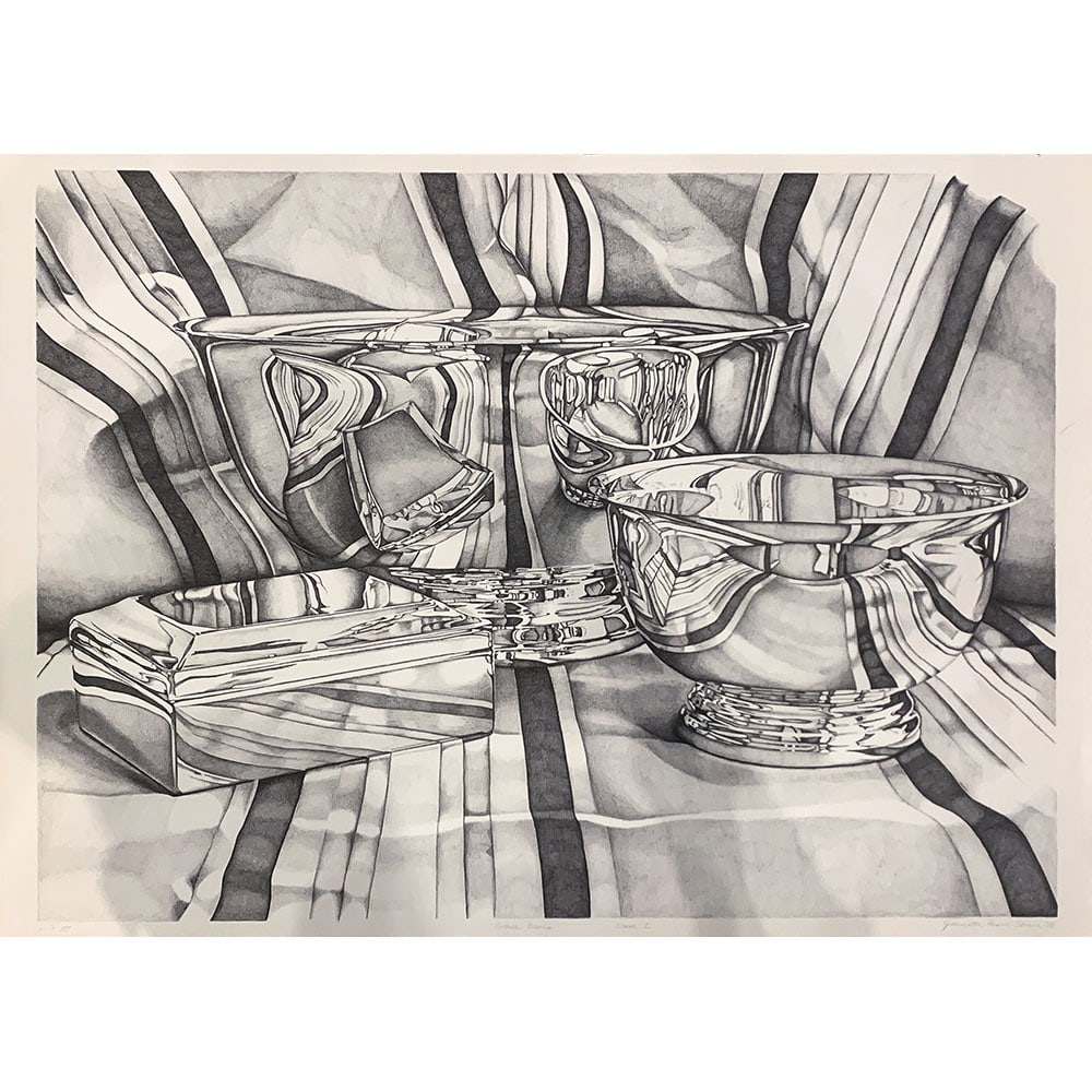 Jeanette Pasin Sloan, Silver Bowls, State l: Born in Chicago in 1946, Sloan became a mother in the 1970s. Feeling the claustrophobia of young motherhood, stuck in her small apartment, she began to paint all of the objects in her kitchen from cer