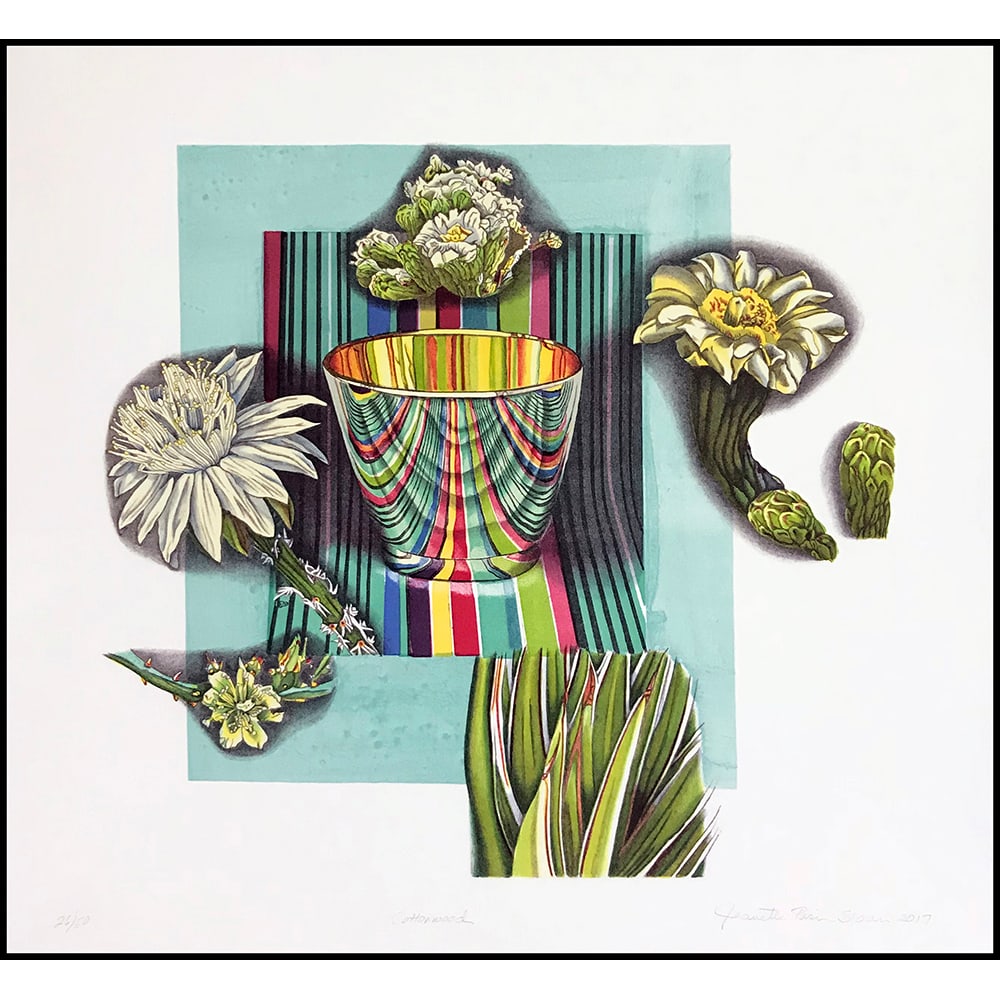 Jeanette Pasin Sloan, Cottonwood: American printmaker Jeanette Pasin Sloan created Cottonwood in 2017 as a ten-color lithograph on paper. The richly detailed composition reflects Sloan’s interest in reflective imagery, still life