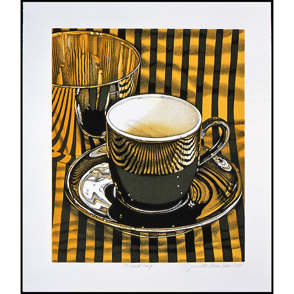 Jeanette Pasin Sloan, Black Cup: Born in Chicago in 1946, Sloan became a mother in the 1970s. Feeling the claustrophobia of young motherhood, stuck in her small apartment, she began to paint all of the objects in her kitchen from cer