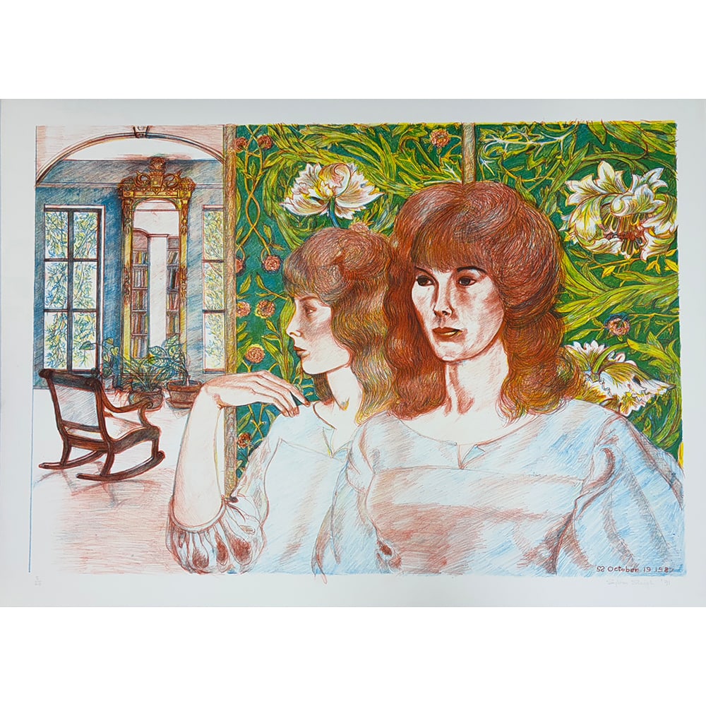 Sylvia Sleigh, Two Views of Charlene: British-born American realist painter Sylvia Sleigh produced Two Views of Charlene in 1991 as a four-color lithograph on paper. Known for psychologically rich portraiture, Sleigh presents an intimate