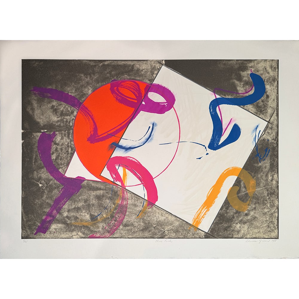 Denise Green, Olive Park: Australian-born American artist Denise Green produced Olive Park in 1998 as a seven-color lithograph on paper. The composition combines gestural abstraction with vivid color relationships and layered