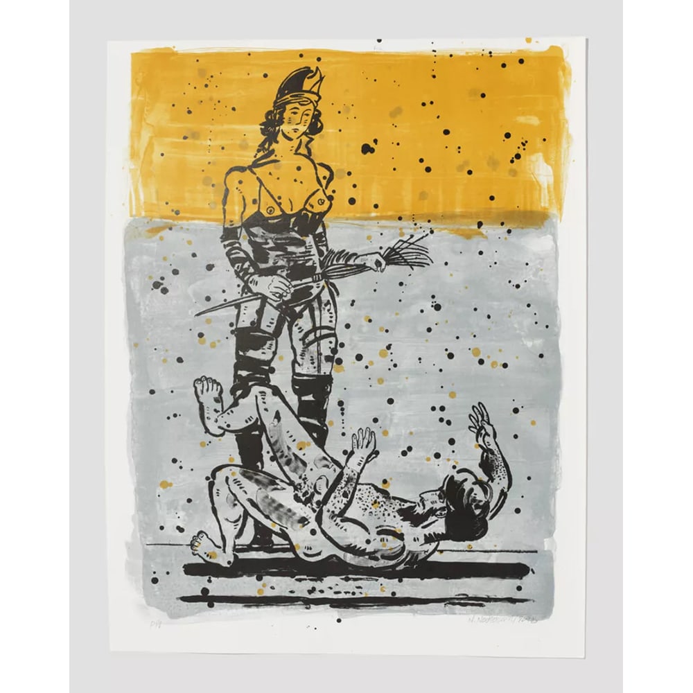 Nicky Nodjoumi, Language of Violence, Version 2: Nicky Nodjoumi’s The Language of Violence lithograph is signed by the artist. Nicky Nodjoumi’s works explore the legacies of personal and collective trauma—including the artist’s own experienc