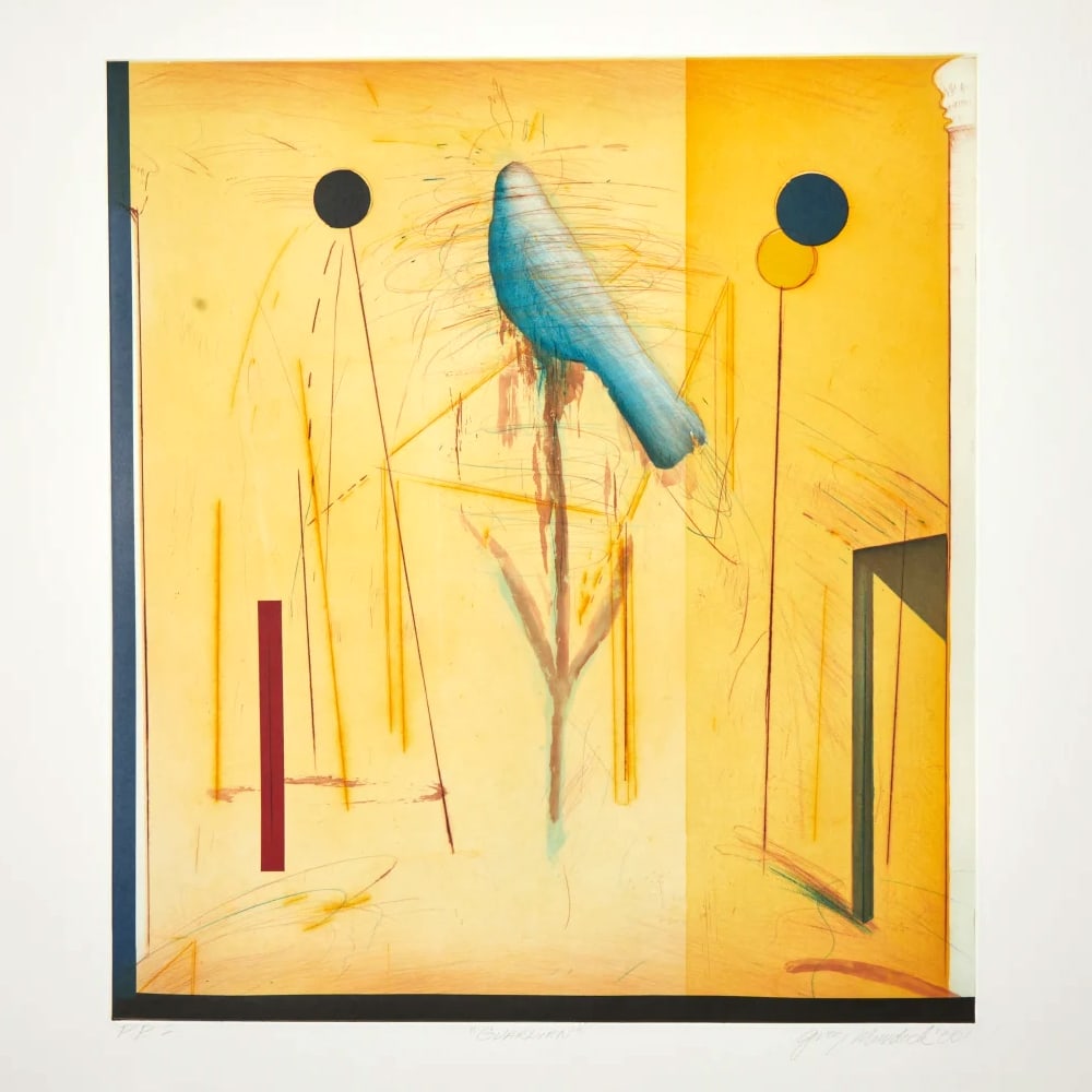 Greg Murdock, Guardian: Greg Murdock printed "Guardian" in 2000. This acquatint with chine colle measures 26 by 24 inches and is signed by the artist. It is in very good condition and is a cancellation proof.