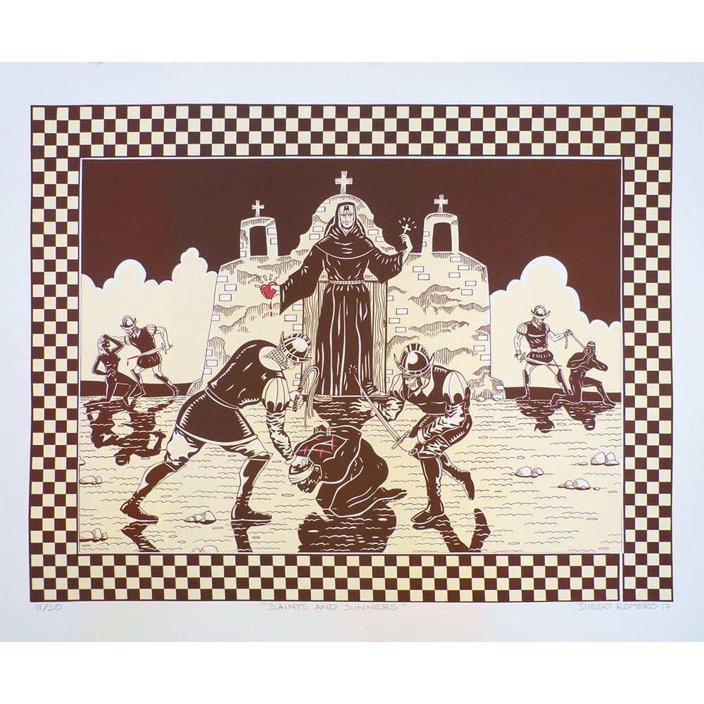 Diego Romero, Saints and Sinners: Diego Romero, a Native American artist from the Cochiti Pueblo, United States. Romero and other contemporary Native American artists often reference the Pueblo Revolt and the atrocities that led up to