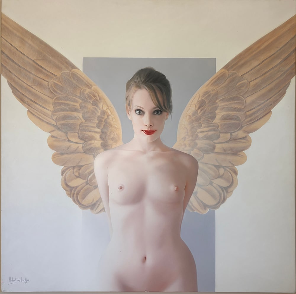 Hubert de Lartigue, L'ange Luh: Hubert de Lartigue is renowned for elegant figurative paintings that blend classical technique with contemporary sensuality. L’ange Luh presents a softly rendered nude figure with angelic wings,