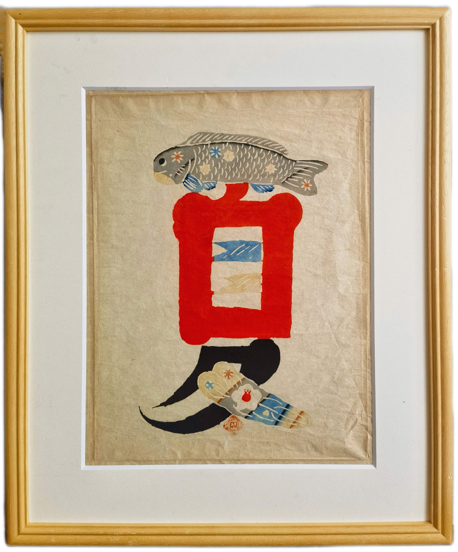 OKAMURA KICHIEMON (1916–2002), WOODBLOCK ON HANDMADE PAPER: OKAMURA KICHIEMON (1916–2002), WOODBLOCK ON HANDMADE PAPER Dimensions: Original wooden Frame:c.48.5x58.5cm. All measured values are approximate. Provenance and Authenticity: Artist's Studio Signat