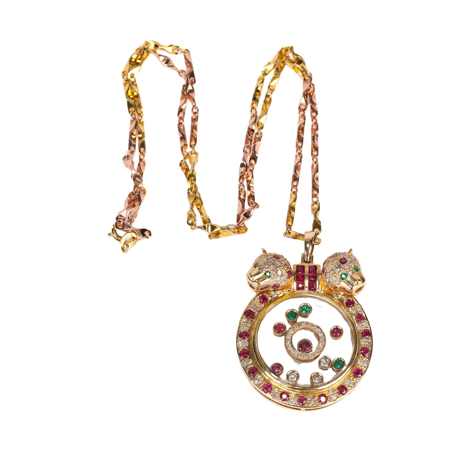 A GOLD AND GEM-SET NECKLACE: A GOLD AND GEM-SET NECKLACE Dimensions: Weight: 27 g. Width: 3.5 cm (1.4 in.), Height: 4.1 cm (1.6 in.). All measurements are approximate.