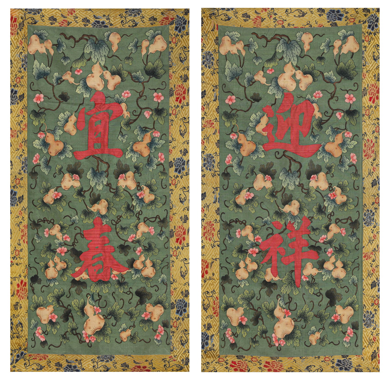 KESI (SILK TAPESTRY), ATTRIBUTED TO, WELCOMING AUSPICIOUSNESS AND GREETING SPRING: KESI (SILK TAPESTRY), ATTRIBUTED TO, WELCOMING AUSPICIOUSNESS AND GREETING SPRING Dimensions: Width: 44 cm (17.3 in.), Height: 100 cm (39.4 in.). All measurements are approximate.