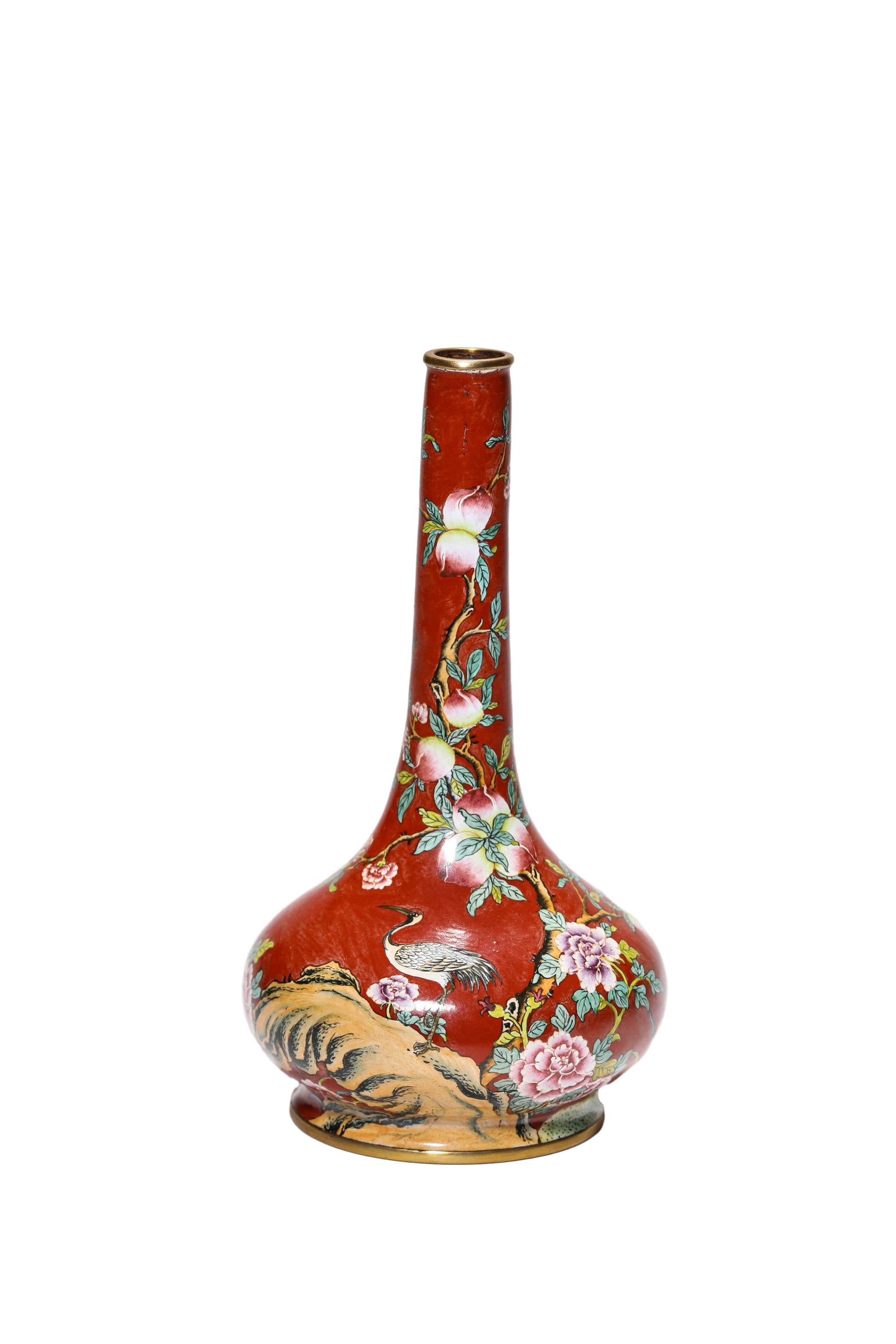 A PAINTED ENAMEL 'FORTUNE AND LONGEVITY' LONG-NECKED VASE