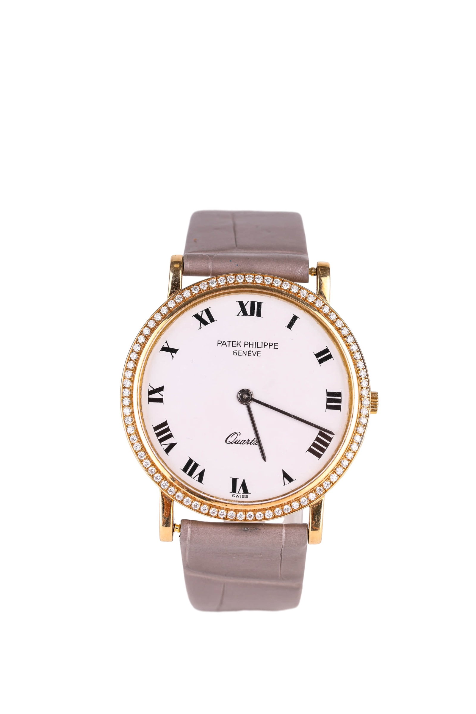 PATEK PHILIPPE GOLD AND DIAMOND-SET WRISTWATCH: PATEK PHILIPPE GOLD AND DIAMOND-SET WRISTWATCH Dimensions: Width: 3.4 cm (1.3 in.). All measurements are approximate.
