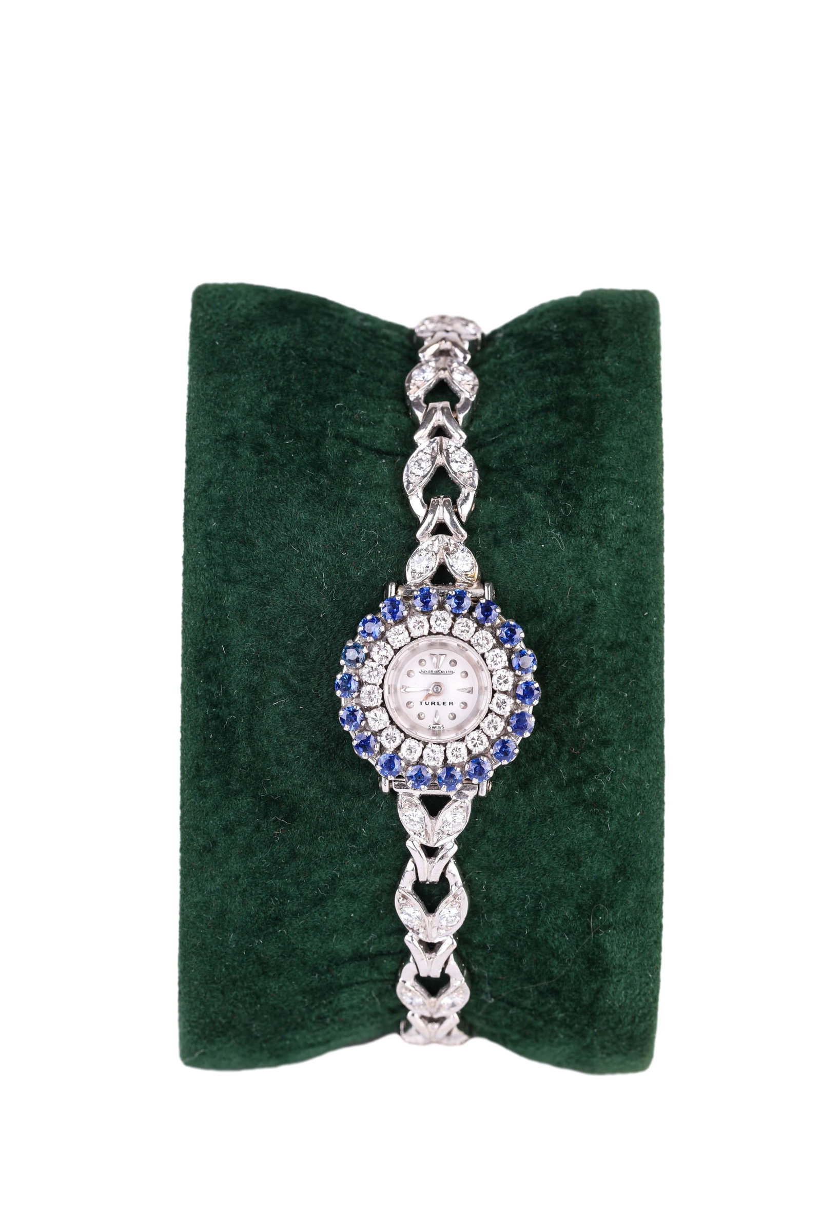 JAEGER-LECOULTRE SAPPHIRE AND DIAMOND-SET BRACELET WATCH: JAEGER-LECOULTRE SAPPHIRE AND DIAMOND-SET BRACELET WATCH Dimensions: Width: 1.9 cm (0.7 in.). All measurements are approximate.