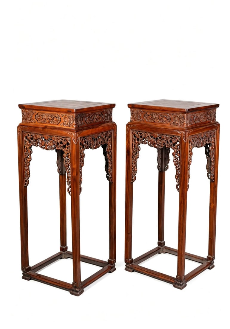 A PAIR OF WOOD 'DRAGON' SQUARE STANDS: A PAIR OF WOOD 'DRAGON' SQUARE STANDS Dimensions: Width: 46 cm (18.1 in.), Height: 118.3 cm (46.6 in.). All measurements are approximate.