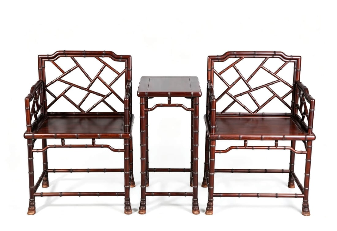 A WOOD 'BAMBOO JOINT' TABLE AND CHAIR SET (1 of 9)