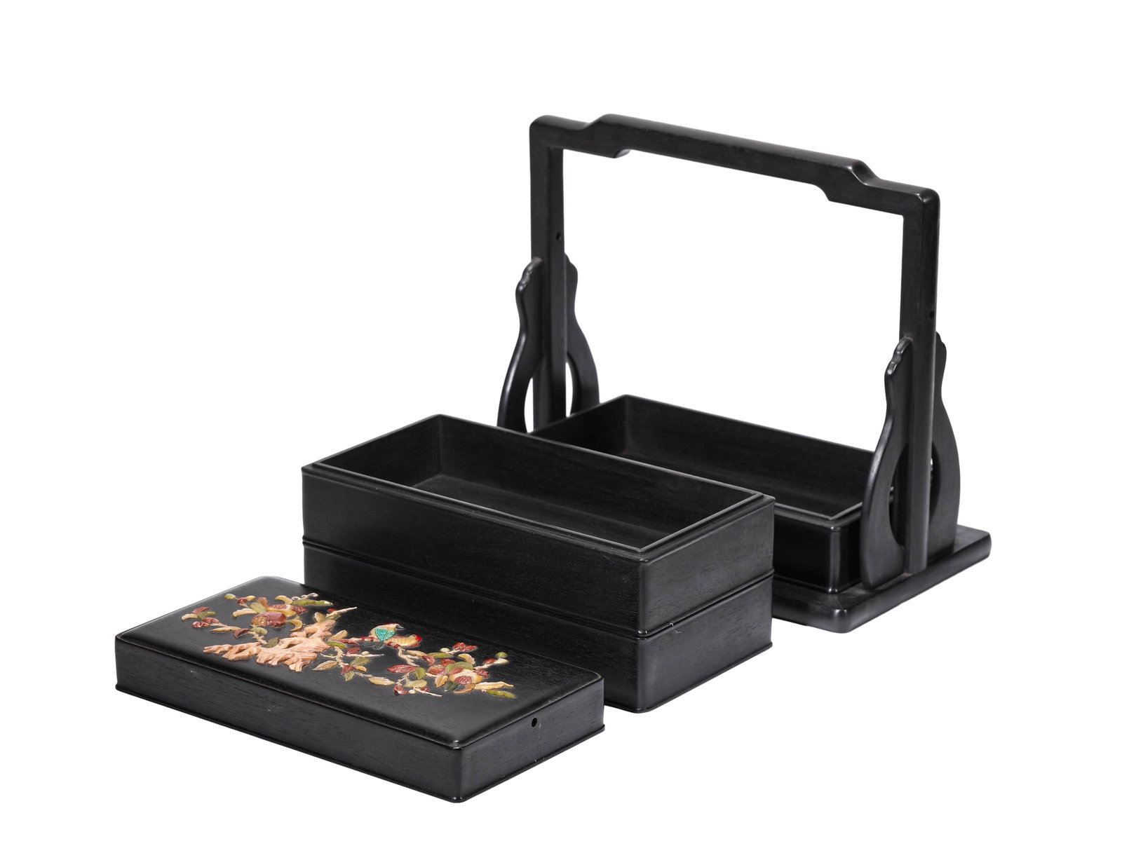A WOODEN BAIBAO-INLAID FLORAL-AND-BIRD TIERED CARRYING BOX: A WOODEN BAIBAO-INLAID FLORAL-AND-BIRD TIERED CARRYING BOX Dimensions: Length: 39 cm (15.4 in.), Width: 17 cm (6.7 in.), Height: 26 cm (10.2 in.). All measurements are approximate.