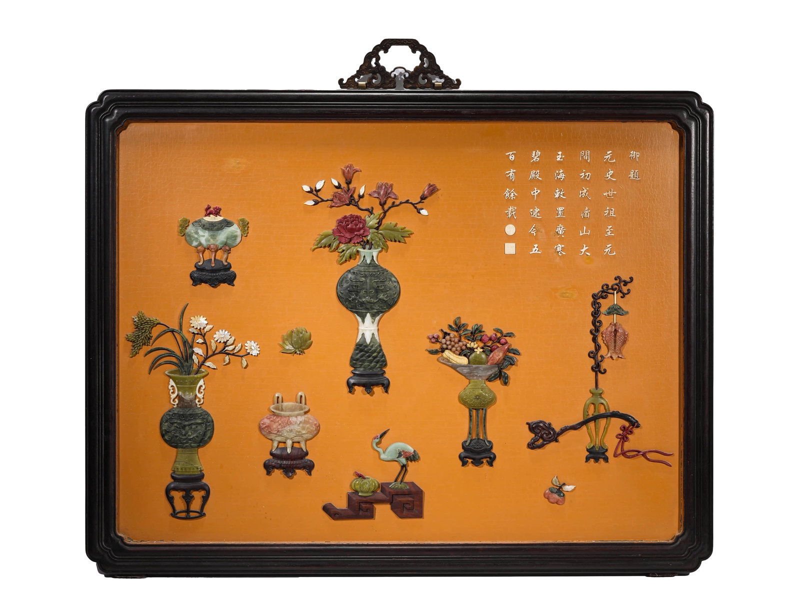 A WOODEN HANGING PANEL INSET WITH LACQUER AND BAIBAO-INLAID ANTIQUITIES MOTIFS, BEARING AN IMPERIAL: A WOODEN HANGING PANEL INSET WITH LACQUER AND BAIBAO-INLAID ANTIQUITIES MOTIFS, BEARING AN IMPERIAL POETIC INSCRIPTION Dimensions: Width: 91.3 cm (35.9 in.), Height: 78 cm (30.7 in.). All