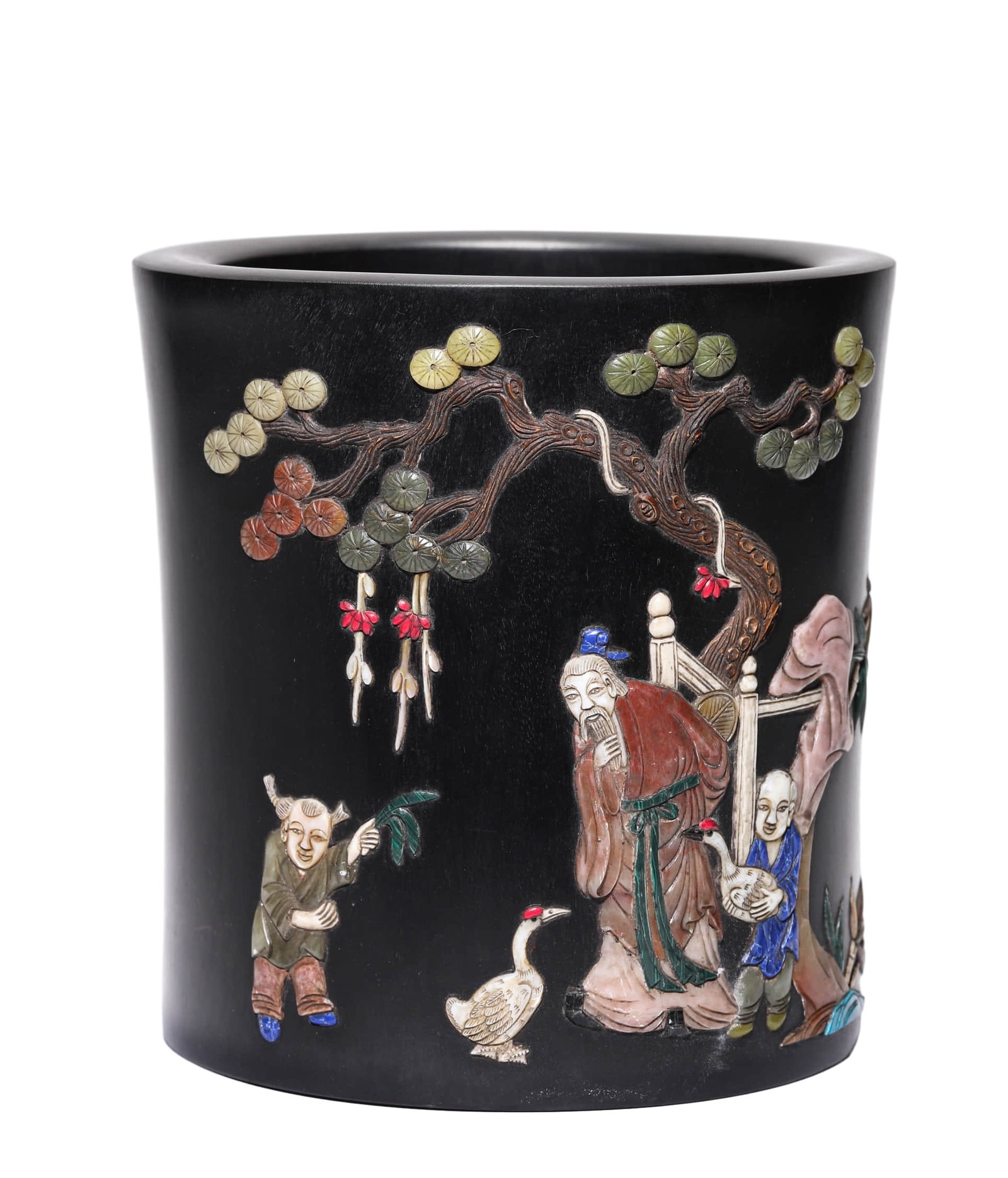 A WOODEN BAIBAO-INLAID FIGURAL NARRATIVE BRUSHPOT: A WOODEN BAIBAO-INLAID FIGURAL NARRATIVE BRUSHPOT Dimensions: Width: 18.5 cm (7.3 in.), Height: 19 cm (7.5 in.). All measurements are approximate.