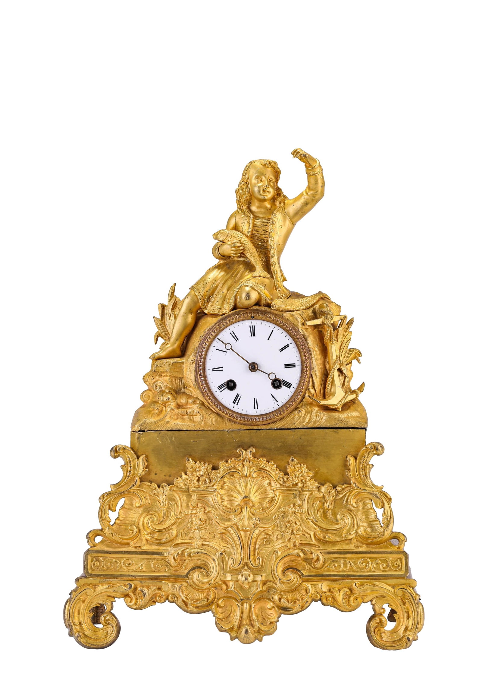A GILT-BRONZE MANTEL CLOCK: A GILT-BRONZE MANTEL CLOCK Dimensions: Length: 29 cm (11.4 in.), Width: 10.5 cm (4.1 in.), Height: 40.5 cm (15.9 in.). All measurements are approximate.