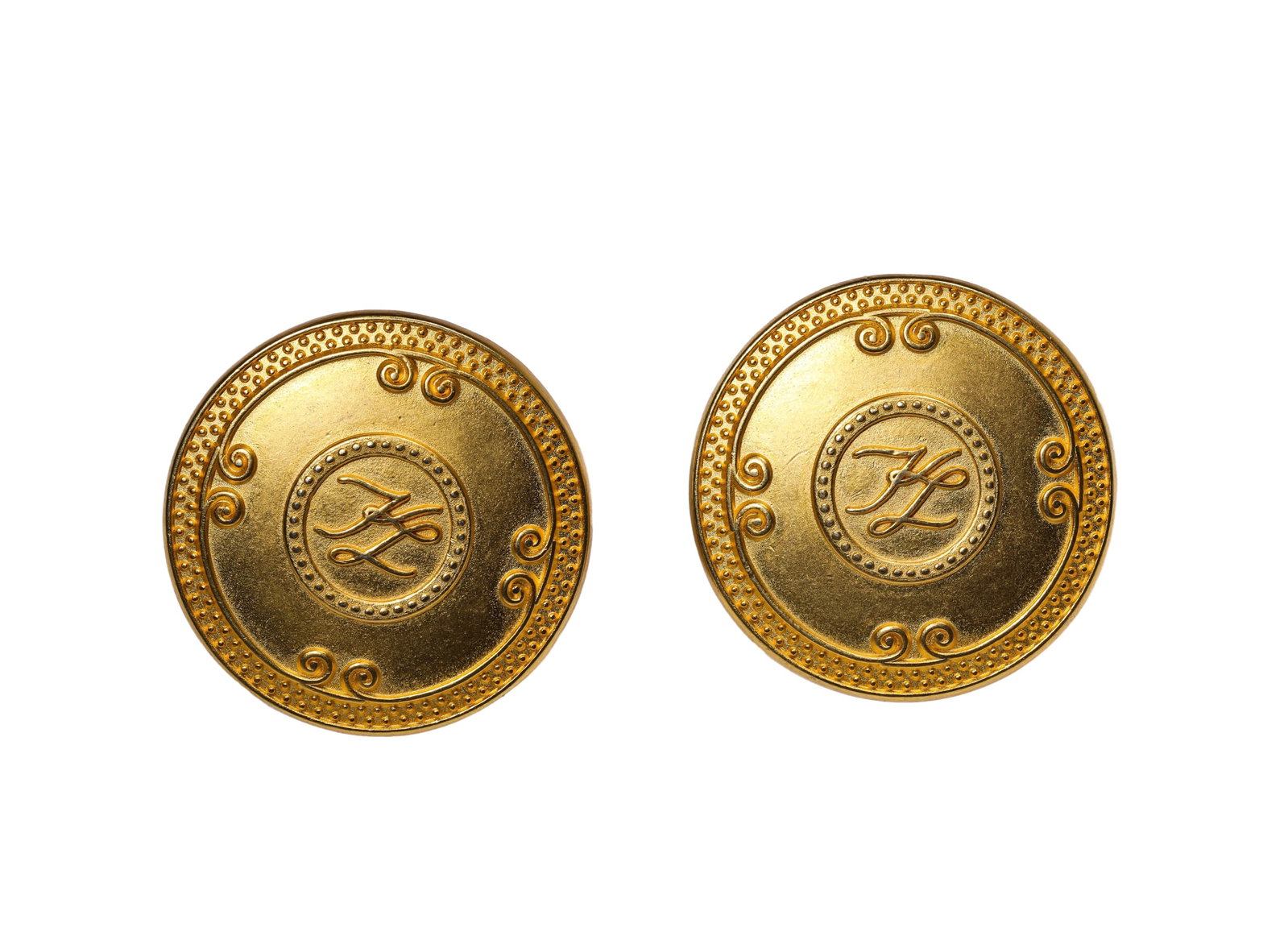 A PAIR OF KARL LAGERFELD EARRINGS: A PAIR OF KARL LAGERFELD EARRINGS Dimensions: Weight: 35 g. Width: 3.9 cm (1.5 in.). All measurements are approximate.