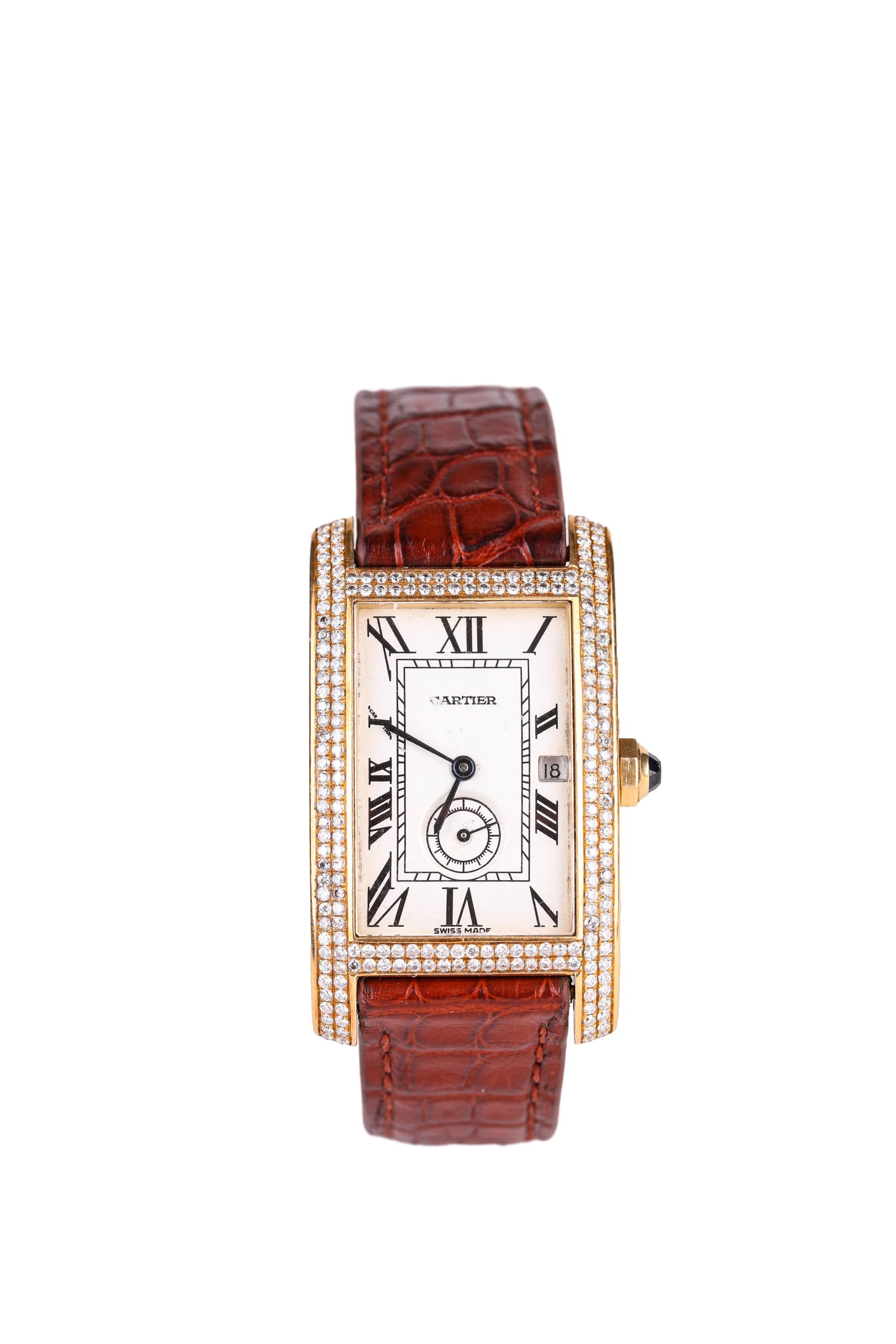 CARTIER GOLD AND GEM-SET WRISTWATCH: CARTIER GOLD AND GEM-SET WRISTWATCH Dimensions: Width: 2.7 cm (1.1 in.), Height: 3.1 cm (1.2 in.). All measurements are approximate.