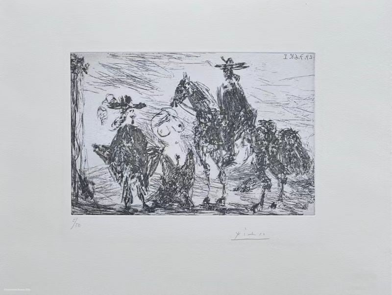 PABLO PICASSO (1881–1973), GENTLEMAN, ASHAMED WOMAN AND REITER, ETCHING: PABLO PICASSO (1881–1973), GENTLEMAN, ASHAMED WOMAN AND REITER, ETCHING Dimensions: Image dimensions: 15 × 23 cm (5.9 × 9.1 in.). Sheet dimensions: 28 × 37 cm (11.0 × 14.6 in.). All