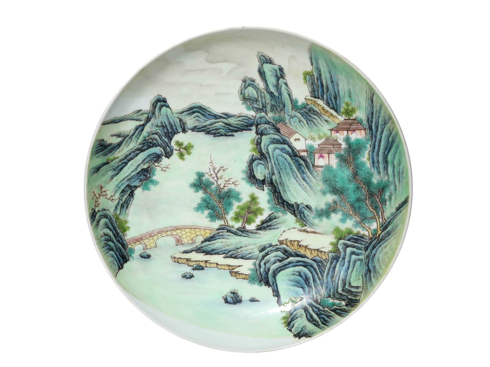 A FAMILLE ROSE 'LANDSCAPE' DISH: A FAMILLE ROSE 'LANDSCAPE' DISH Dimensions: Diameter: 23.8 cm (9.4 in.), Height: 4.3 cm (1.7 in.). All measurements are approximate.