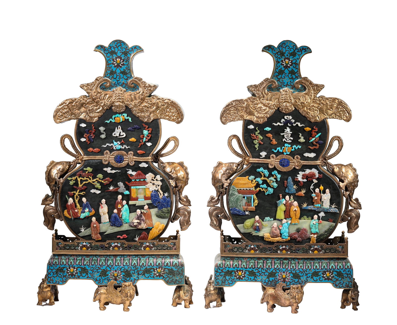 A PAIR OF CLOISONNé ENAMEL "FU LU RUYI" ORNAMENTS WITH BAIBAO-INLAID FIGURAL AND POETIC DECORATION: A PAIR OF CLOISONNé ENAMEL "FU LU RUYI" ORNAMENTS WITH BAIBAO-INLAID FIGURAL AND POETIC DECORATION Dimensions: Weight: 9.8 kg. Length: 37.5 cm (14.8 in.), Width: 16 cm (6.3 in.), Height: 66 cm (26.0