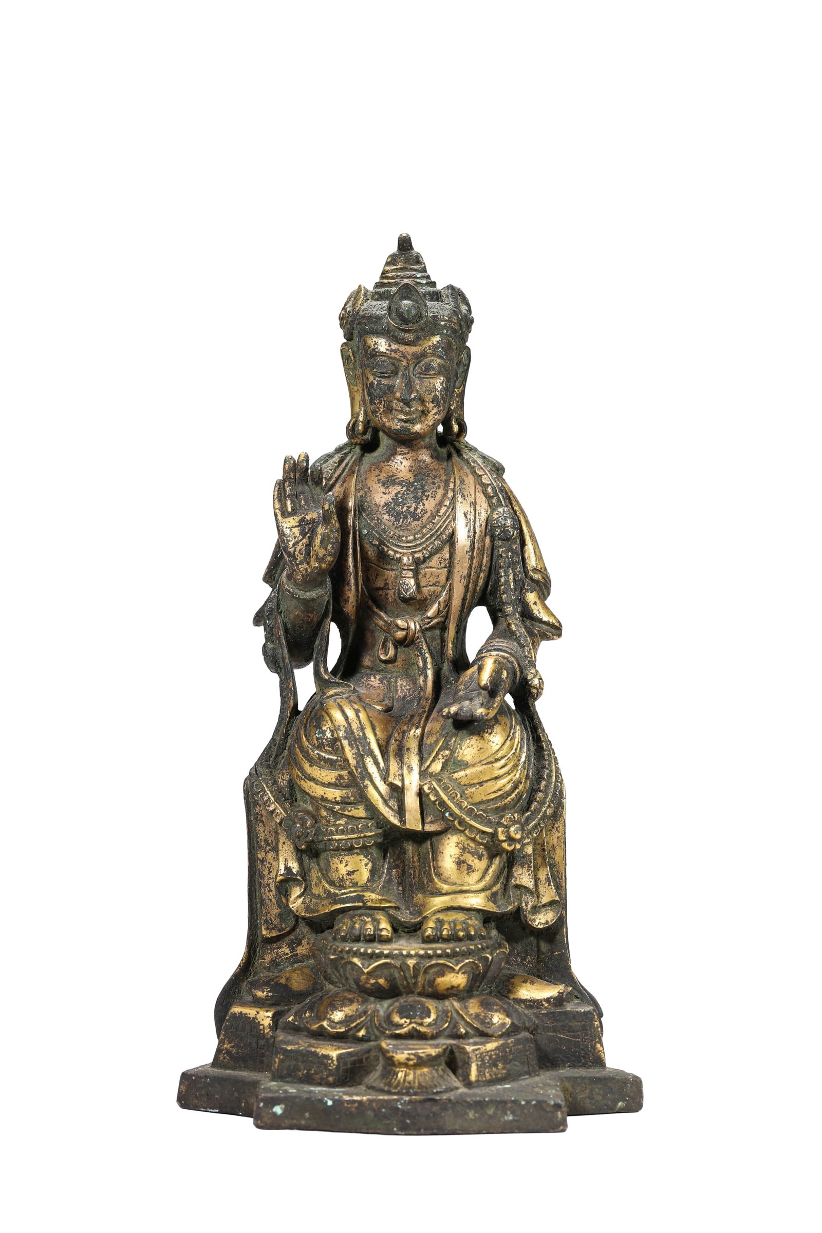 A GILT COPPER 'GUANYIN' SEATED FIGURE: A GILT COPPER 'GUANYIN' SEATED FIGURE Dimensions: Weight: 2,223 g. Length: 13.6 cm (5.4 in.), Width: 12.2 cm (4.8 in.), Height: 26 cm (10.2 in.). All measurements are approximate.