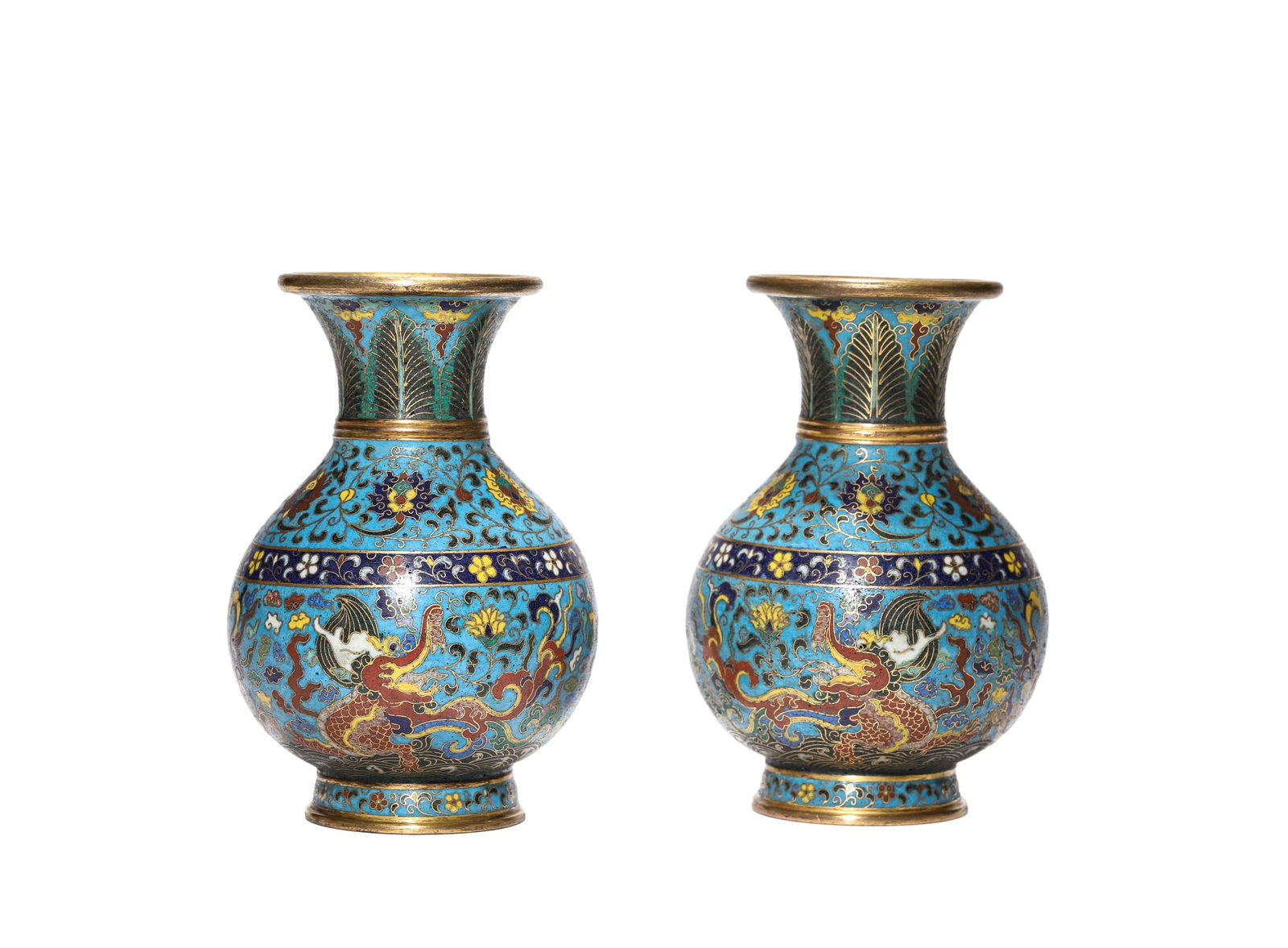 A PAIR OF CLOISONNÉ ENAMEL 'SEA BEASTS' VASES: A PAIR OF CLOISONNÉ ENAMEL 'SEA BEASTS' VASES Dimensions: Weight: 1,258 g. Width: 10.4 cm (4.1 in.), Height: 15.3 cm (6.0 in.). All measurements are approximate.