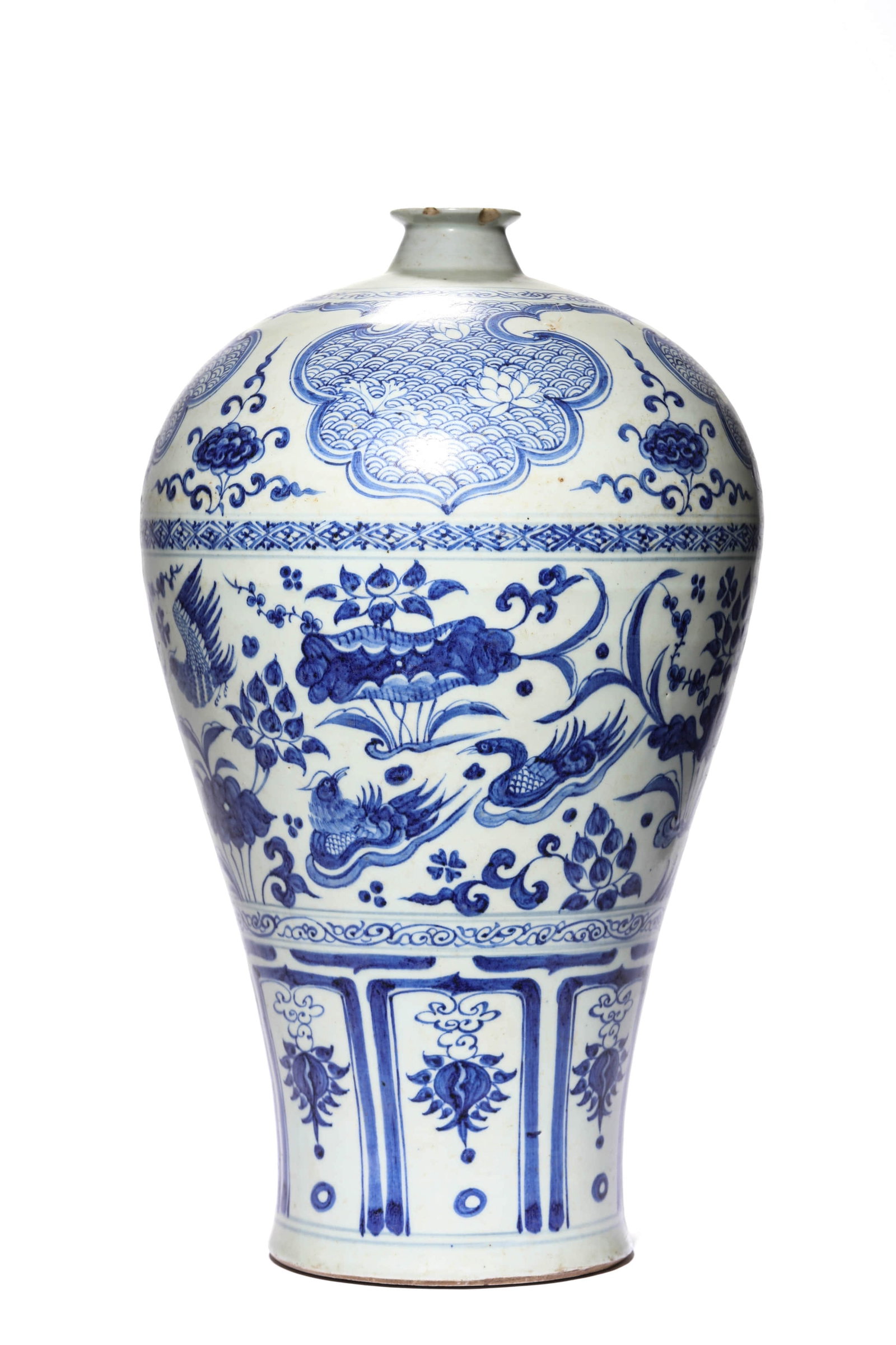 A BLUE-AND-WHITE 'MANDARIN DUCKS' MEIPING: A BLUE-AND-WHITE 'MANDARIN DUCKS' MEIPING Dimensions: Width: 24.5 cm (9.6 in.), Height: 43.5 cm (17.1 in.). All measurements are approximate.